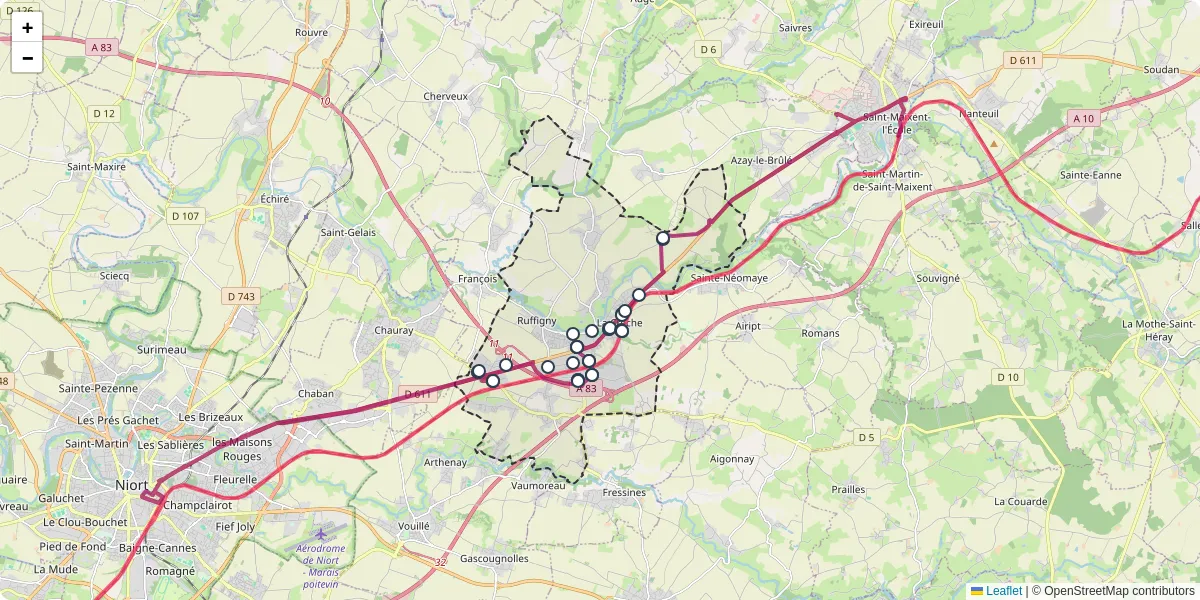 Carte du réseau de transport en commun à La Crèche - lignes de bus et arrêts
