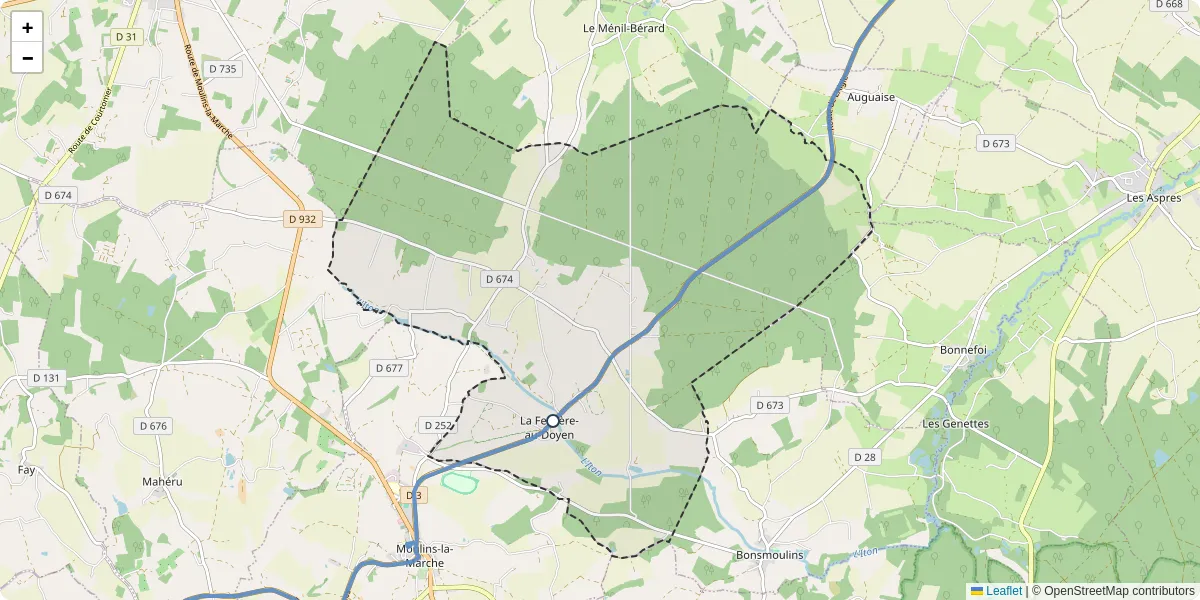 Carte du réseau de transport en commun à La Ferrière-au-Doyen - lignes de bus et arrêts
