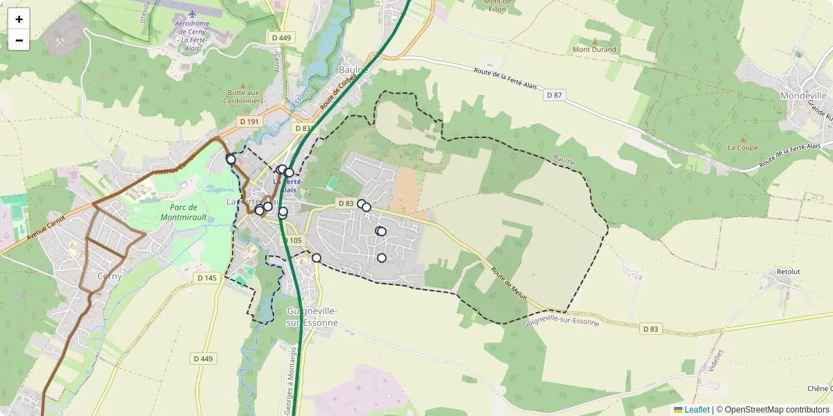 Carte du réseau de transport en commun à La Ferté-Alais - lignes de bus et arrêts