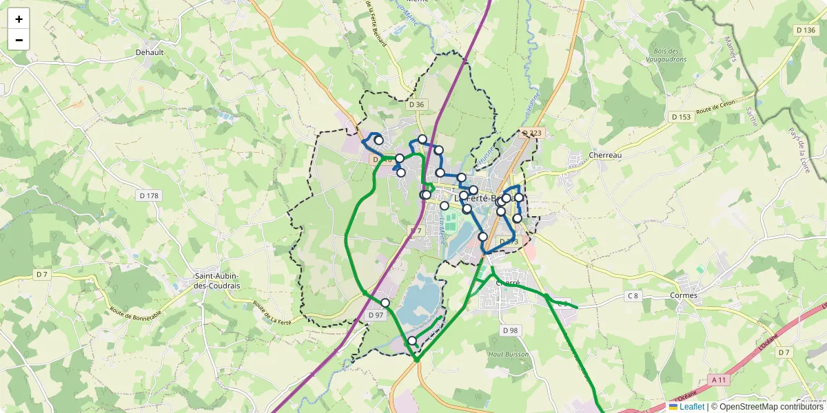 Carte du réseau de transport en commun à La Ferté-Bernard - lignes de bus et arrêts