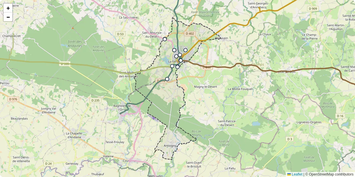 Carte du réseau de transport en commun à La Ferté-Macé - lignes de bus et arrêts