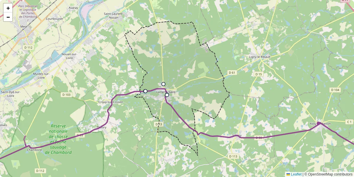 Carte du réseau de transport en commun à La Ferté-Saint-Cyr - lignes de bus et arrêts
