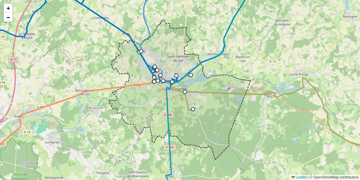 Carte du réseau de transport en commun à La Flèche - lignes de bus et arrêts