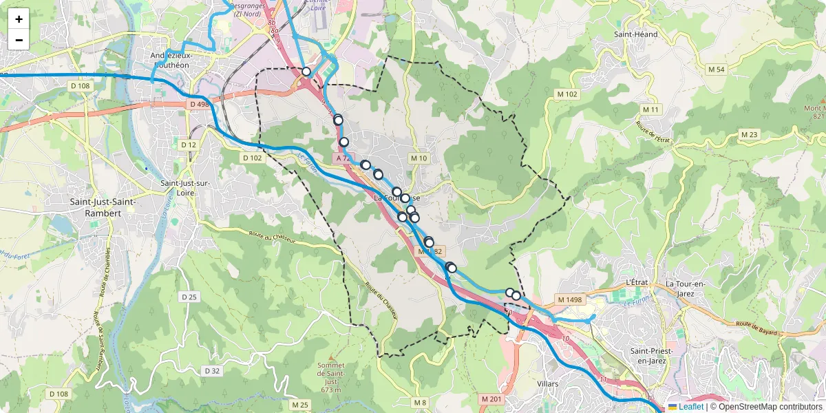 Carte du réseau de transport en commun à La Fouillouse - lignes de bus et arrêts