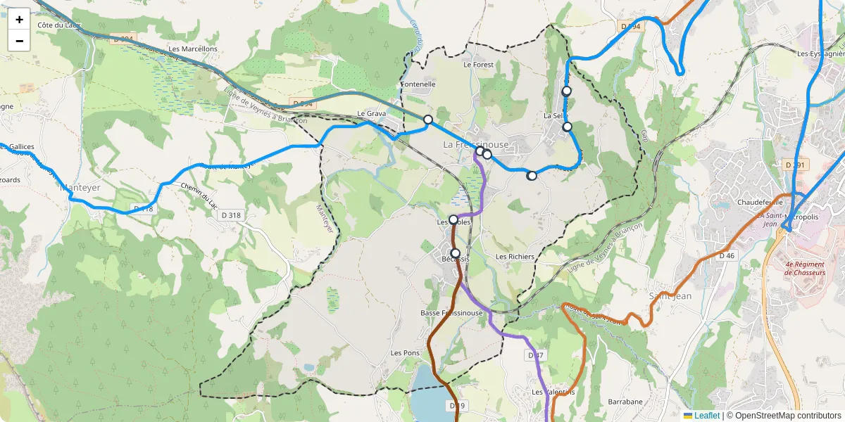 Carte du réseau de transport en commun à La Freissinouse - lignes de bus et arrêts