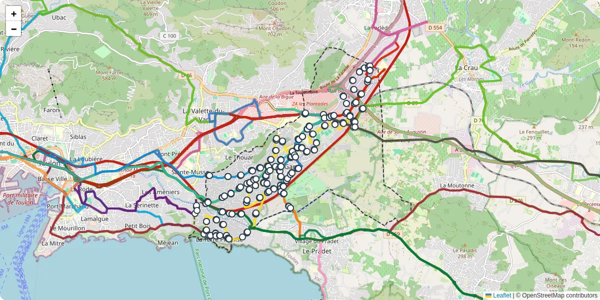 Carte du réseau de transport en commun à La Garde - lignes de bus et arrêts