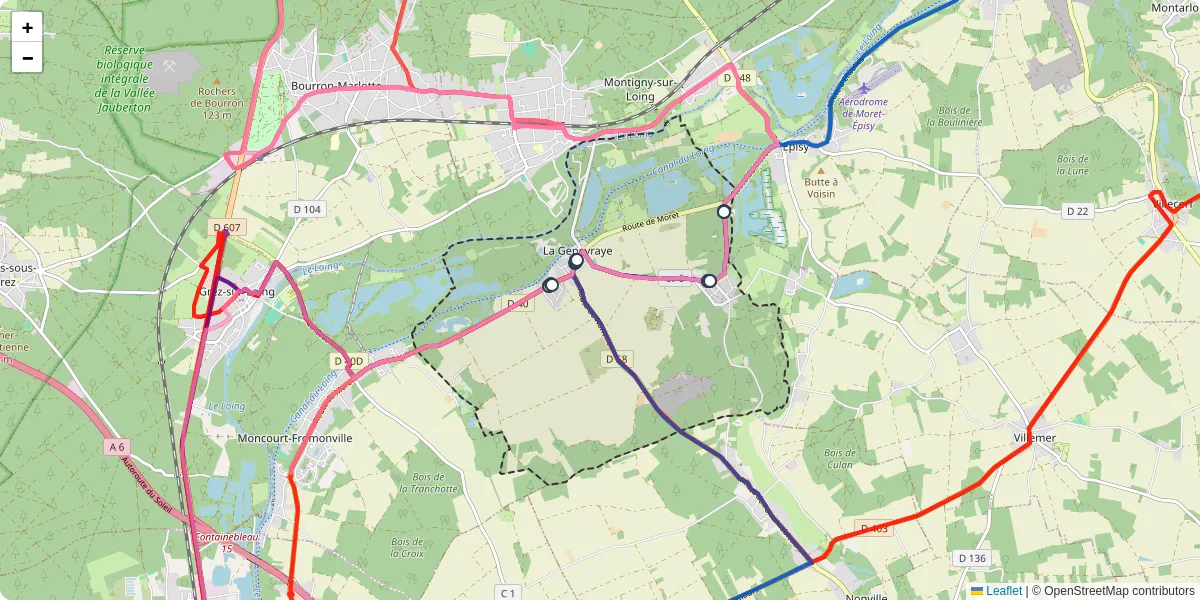 Carte du réseau de transport en commun à La Genevraye - lignes de bus et arrêts
