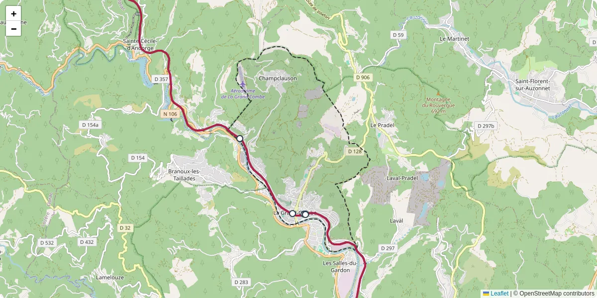 Carte du réseau de transport en commun à La Grand-Combe - lignes de bus et arrêts