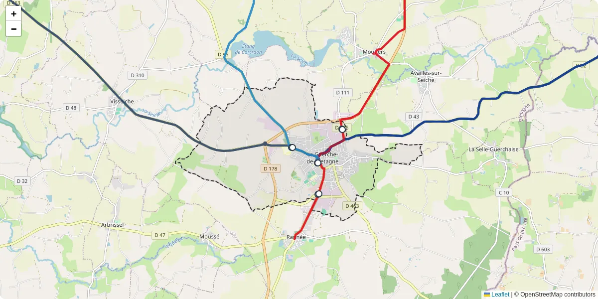 Carte du réseau de transport en commun à La Guerche-de-Bretagne - lignes de bus et arrêts