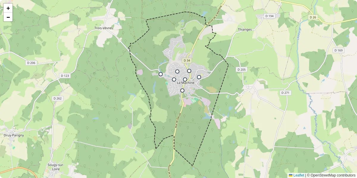 Carte du réseau de transport en commun à La Machine - lignes de bus et arrêts