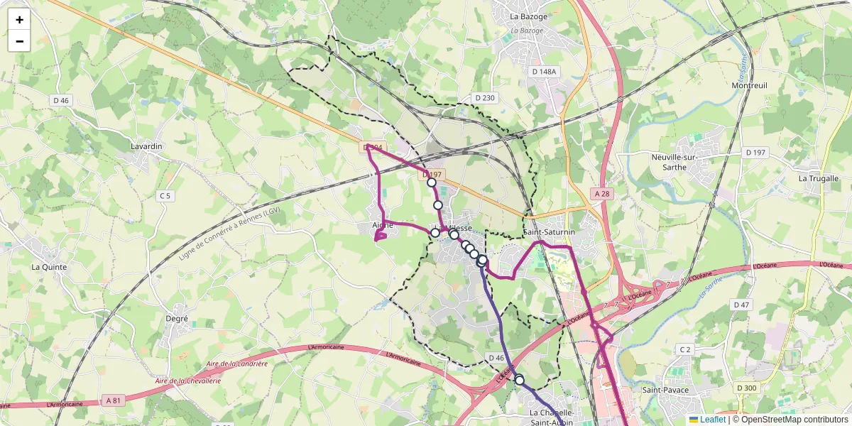Carte du réseau de transport en commun à La Milesse - lignes de bus et arrêts