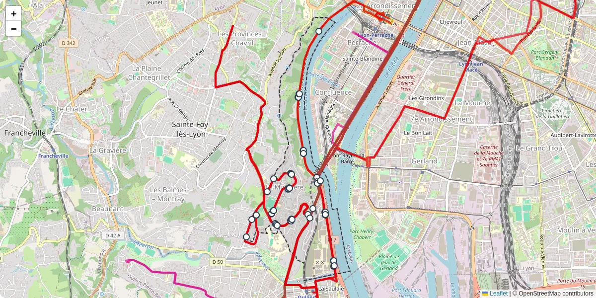 Carte du réseau de transport en commun à La Mulatière - lignes de bus et arrêts