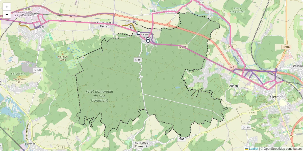 Carte du réseau de transport en commun à La Neuville-en-Hez - lignes de bus et arrêts