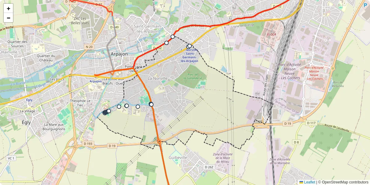 Carte du réseau de transport en commun à La Norville - lignes de bus et arrêts
