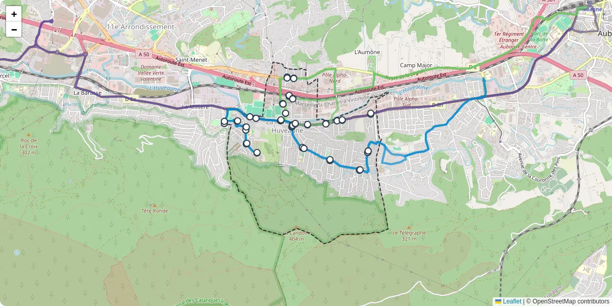 Carte du réseau de transport en commun à La Penne-sur-Huveaune - lignes de bus et arrêts