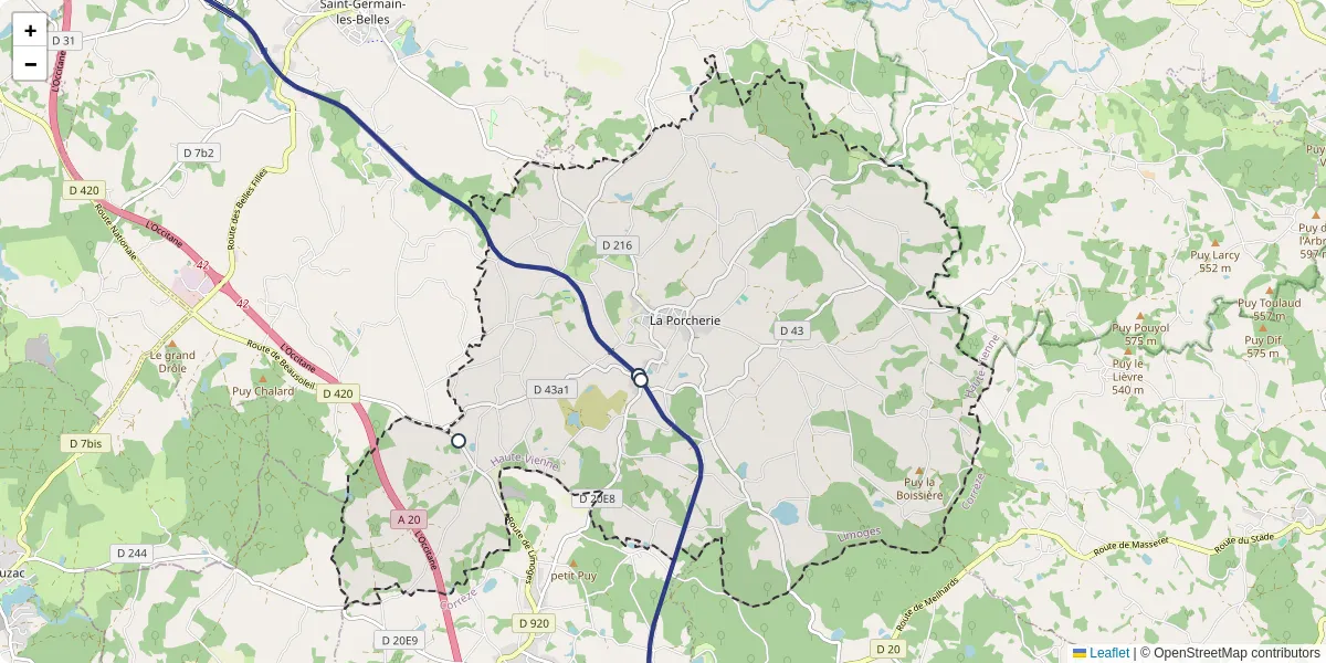 Carte du réseau de transport en commun à La Porcherie - lignes de bus et arrêts