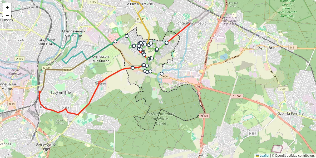Carte du réseau de transport en commun à La Queue-en-Brie - lignes de bus et arrêts