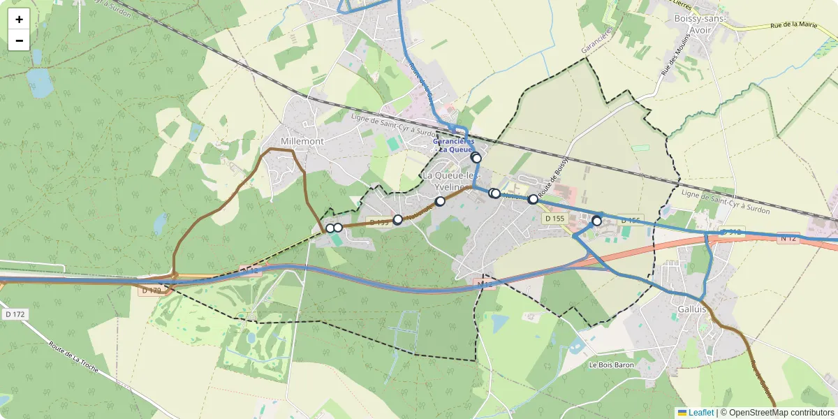 Carte du réseau de transport en commun à La Queue-les-Yvelines - lignes de bus et arrêts