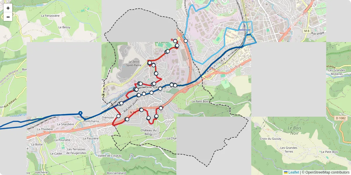 Carte du réseau de transport en commun à La Ricamarie - lignes de bus et arrêts