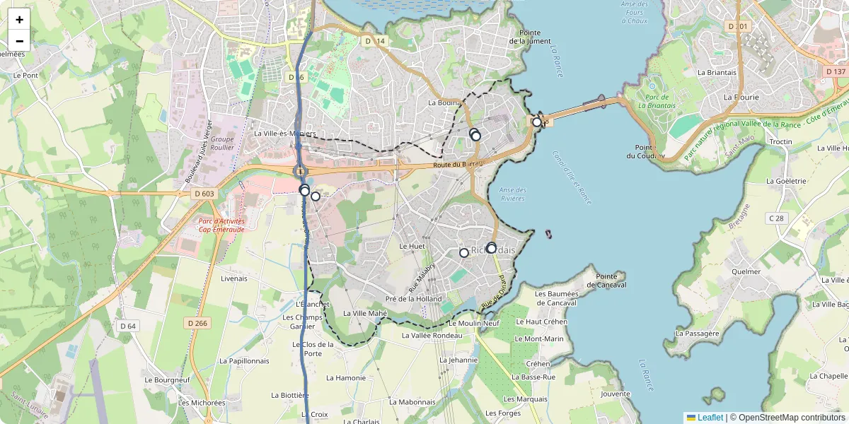 Carte du réseau de transport en commun à La Richardais - lignes de bus et arrêts