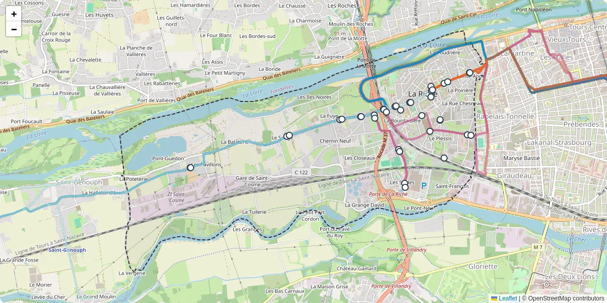 Carte du réseau de transport en commun à La Riche - lignes de bus et arrêts