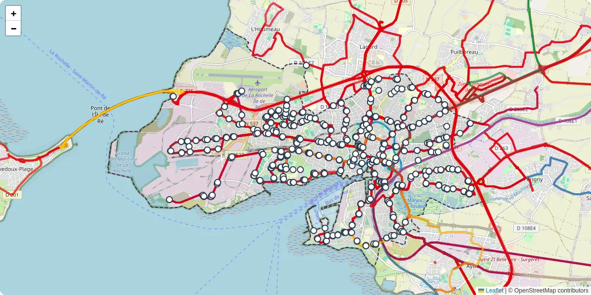 Carte du réseau de transport en commun à La Rochelle - lignes de bus et arrêts
