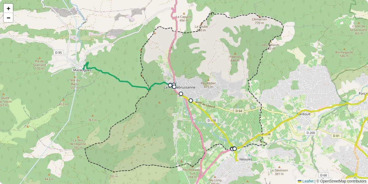 Carte du réseau de transport en commun à La Roquebrussanne - lignes de bus et arrêts