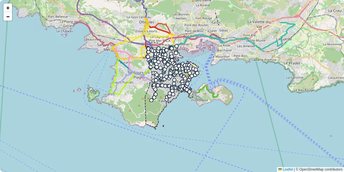 Carte du réseau de transport en commun à La Seyne-sur-Mer - lignes de bus et arrêts