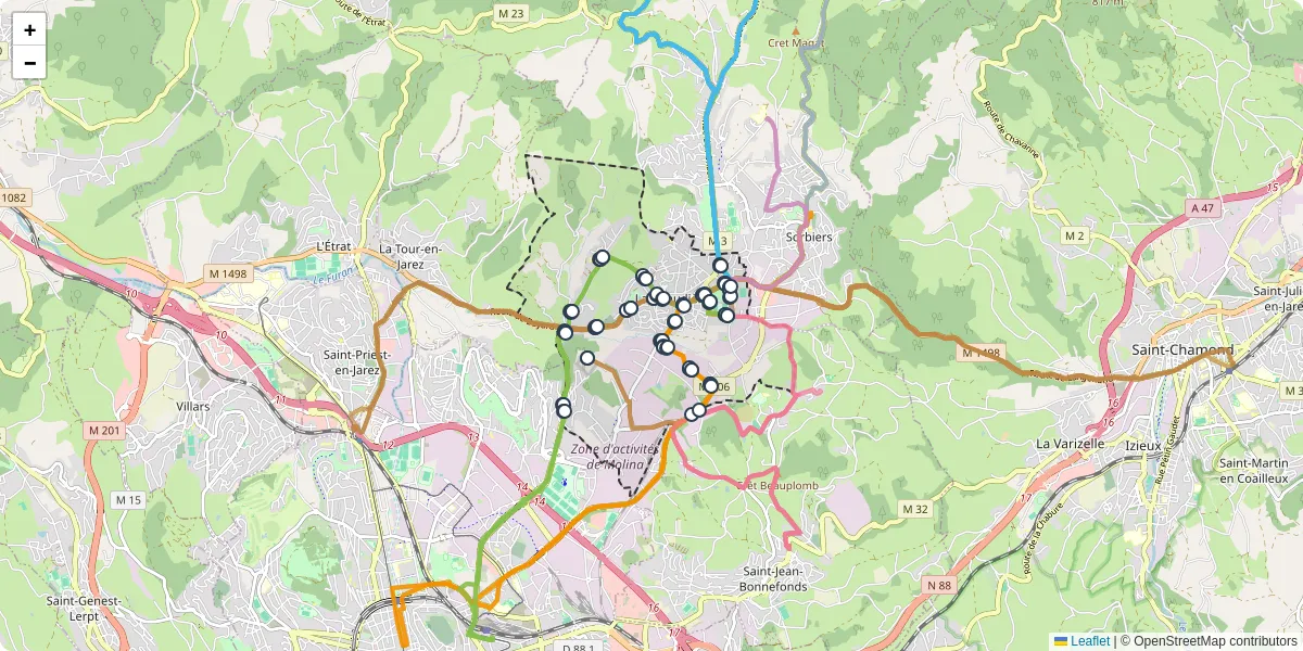 Carte du réseau de transport en commun à La Talaudière - lignes de bus et arrêts