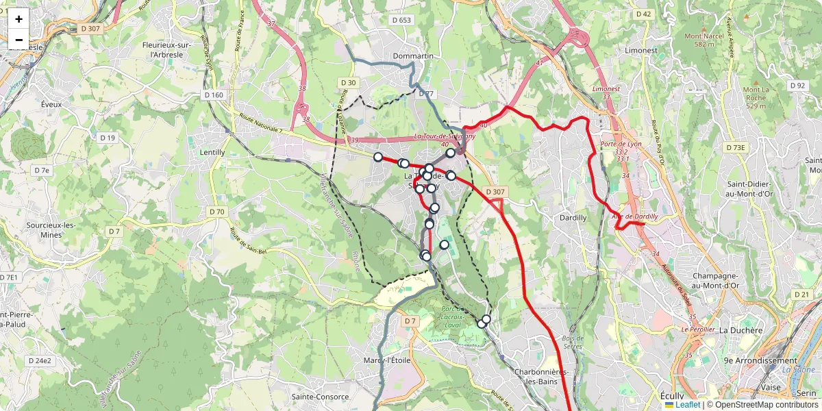 Carte du réseau de transport en commun à La Tour-de-Salvagny - lignes de bus et arrêts