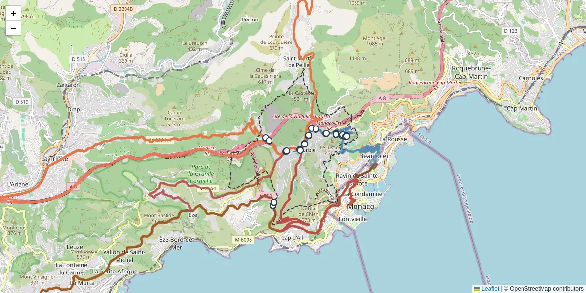 Carte du réseau de transport en commun à La Turbie - lignes de bus et arrêts