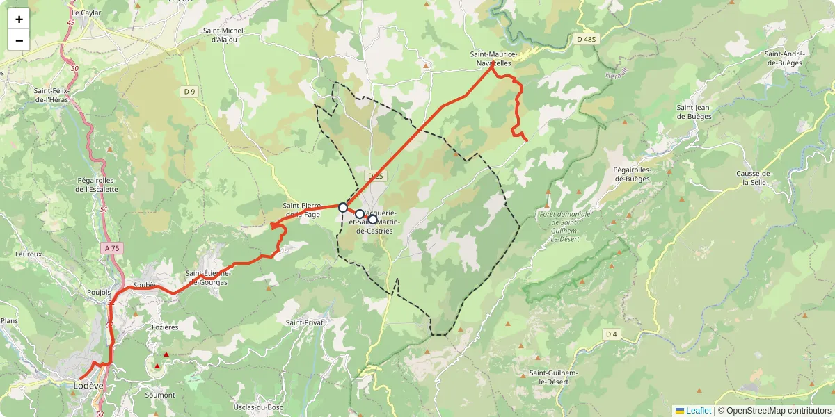 Carte du réseau de transport en commun à La Vacquerie-et-Saint-Martin-de-Castries - lignes de bus et arrêts