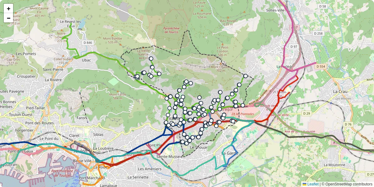 Carte du réseau de transport en commun à La Valette-du-Var - lignes de bus et arrêts
