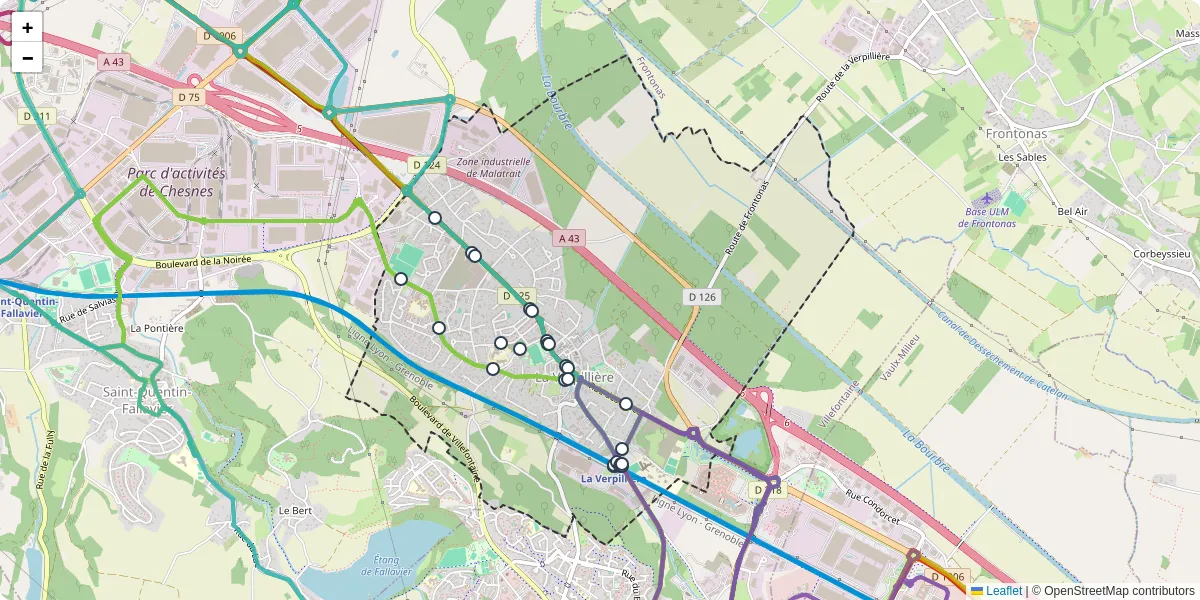 Carte du réseau de transport en commun à La Verpillière - lignes de bus et arrêts