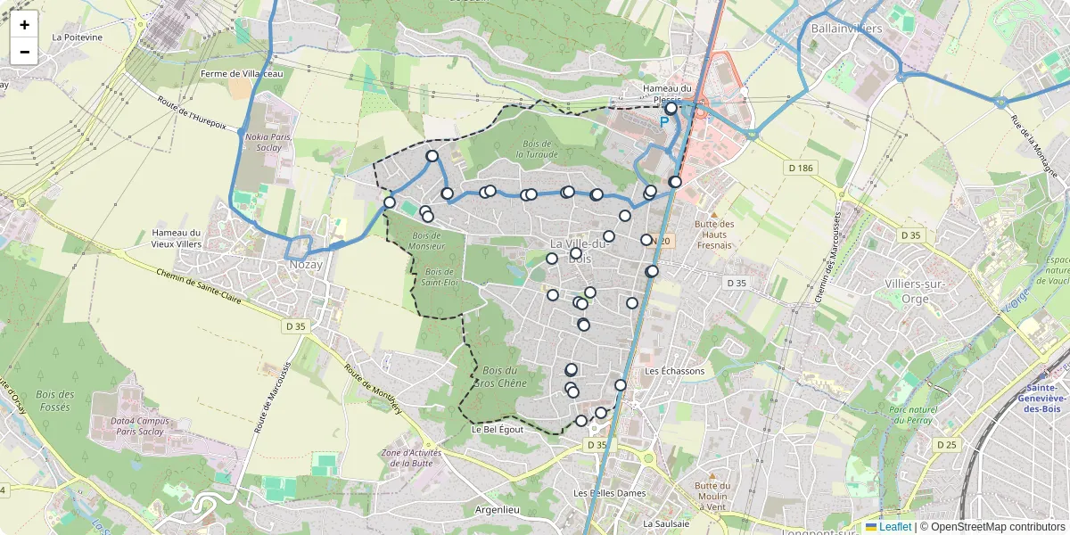 Carte du réseau de transport en commun à La Ville-du-Bois - lignes de bus et arrêts