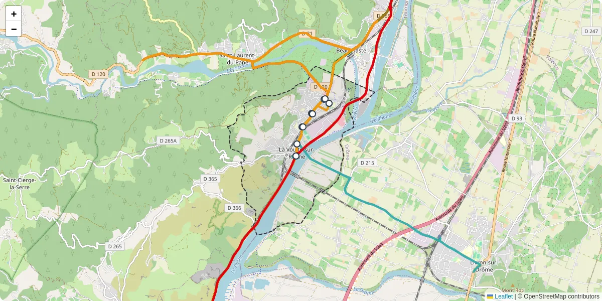 Carte du réseau de transport en commun à La Voulte-sur-Rhône - lignes de bus et arrêts