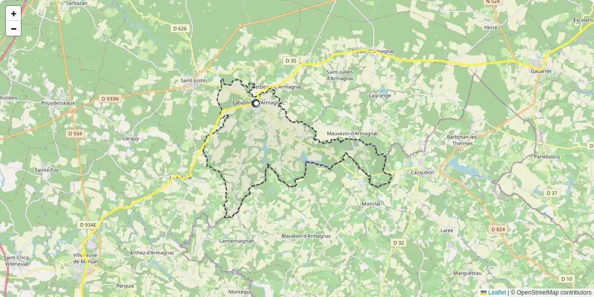 Carte du réseau de transport en commun à Labastide-d'Armagnac - lignes de bus et arrêts