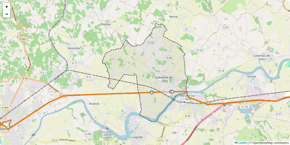 Carte du réseau de transport en commun à Labastide-de-Lévis - lignes de bus et arrêts