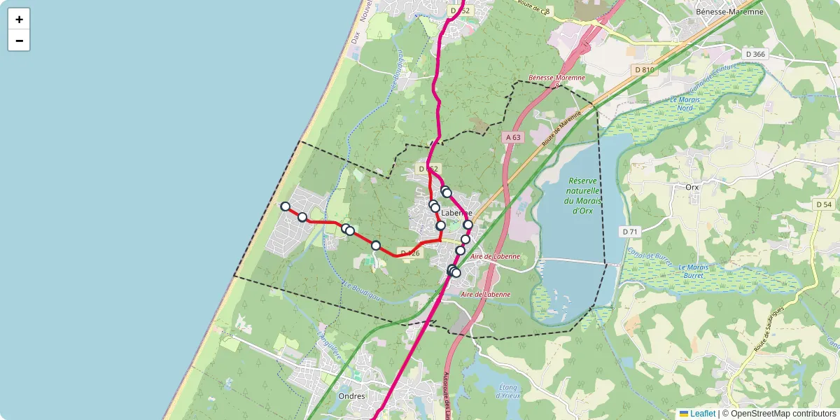 Carte du réseau de transport en commun à Labenne - lignes de bus et arrêts