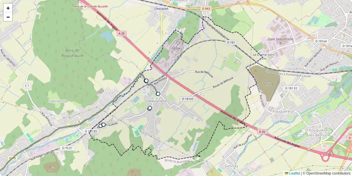 Carte du réseau de transport en commun à Labeuvrière - lignes de bus et arrêts