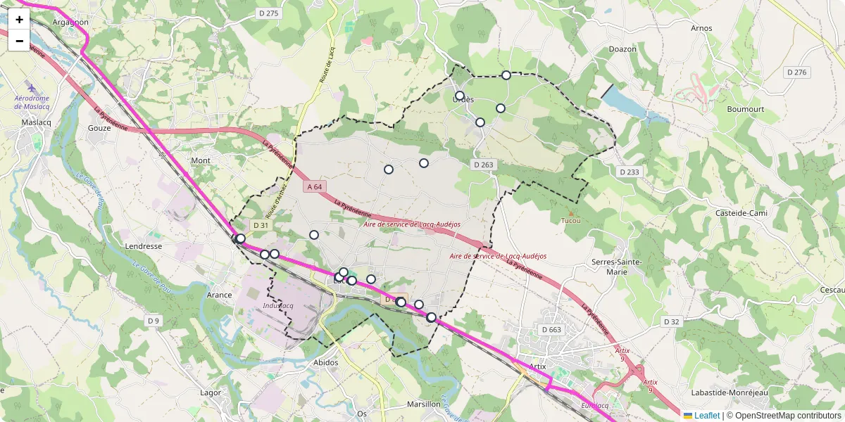 Carte du réseau de transport en commun à Lacq - lignes de bus et arrêts
