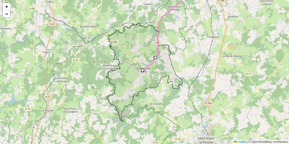 Carte du réseau de transport en commun à Ladignac-le-Long - lignes de bus et arrêts