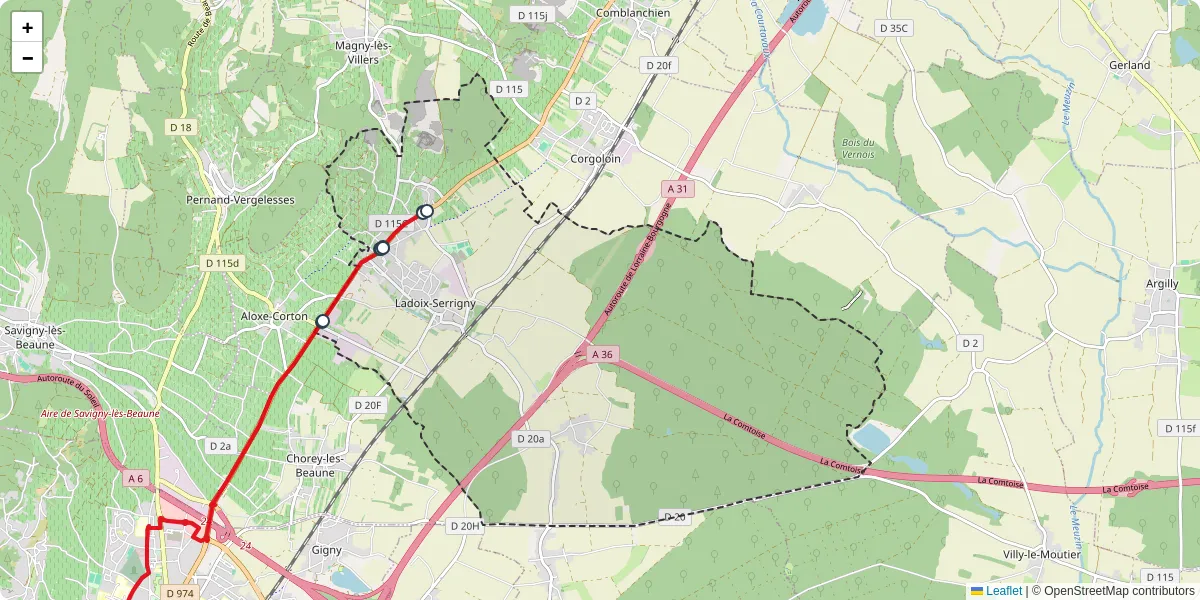 Carte du réseau de transport en commun à Ladoix-Serrigny - lignes de bus et arrêts