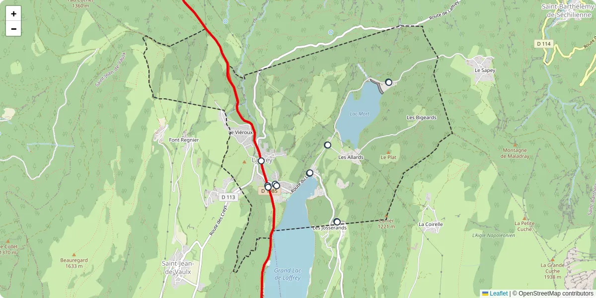 Carte du réseau de transport en commun à Laffrey - lignes de bus et arrêts