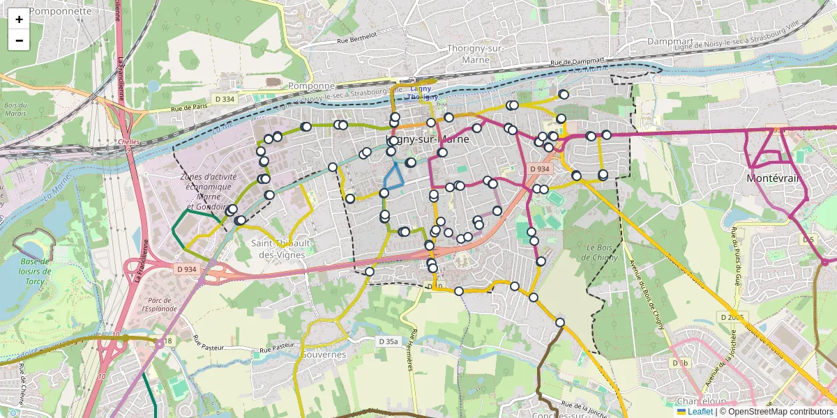 Carte du réseau de transport en commun à Lagny-sur-Marne - lignes de bus et arrêts