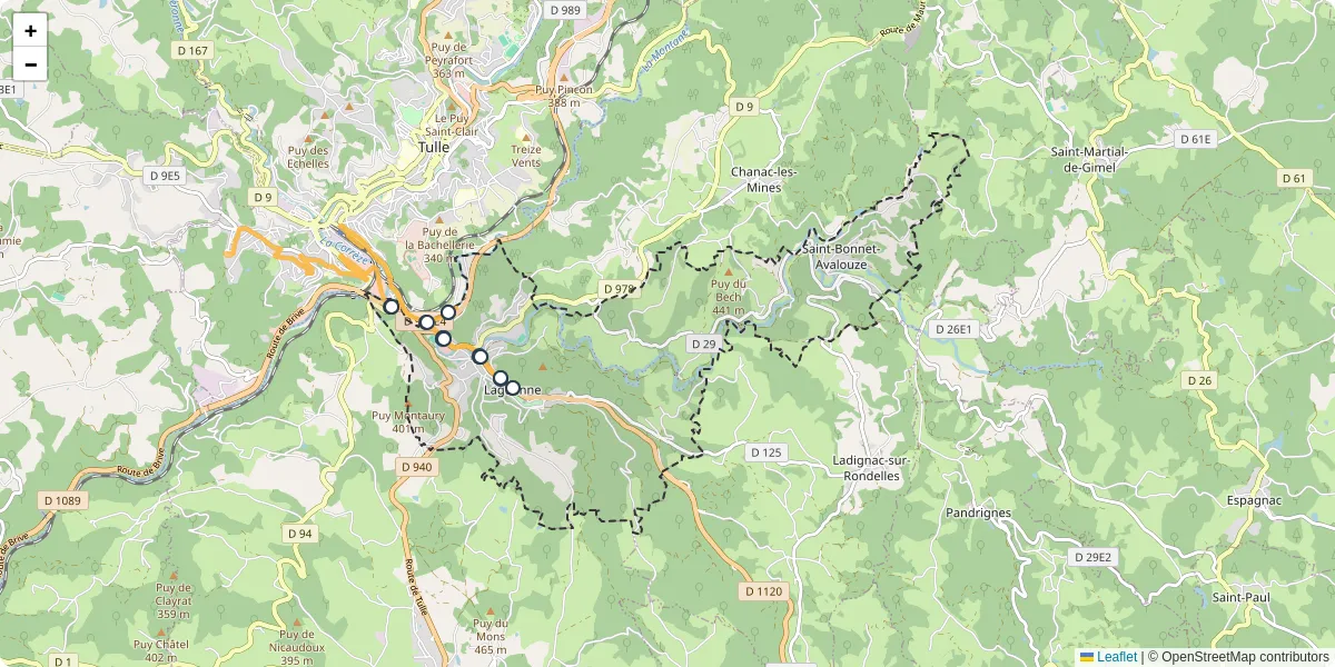 Carte du réseau de transport en commun à Laguenne-sur-Avalouze - lignes de bus et arrêts