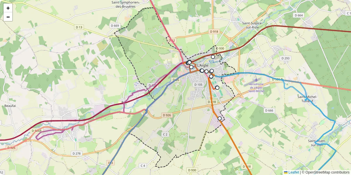 Carte du réseau de transport en commun à L'Aigle - lignes de bus et arrêts