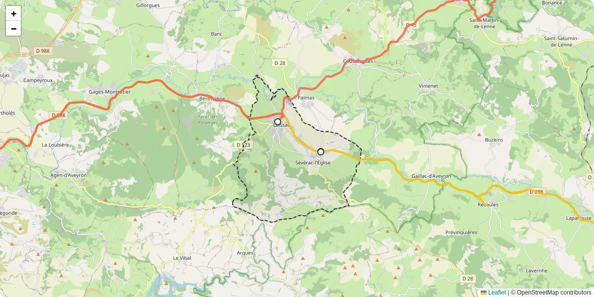 Carte du réseau de transport en commun à Laissac-Sévérac l'Église - lignes de bus et arrêts