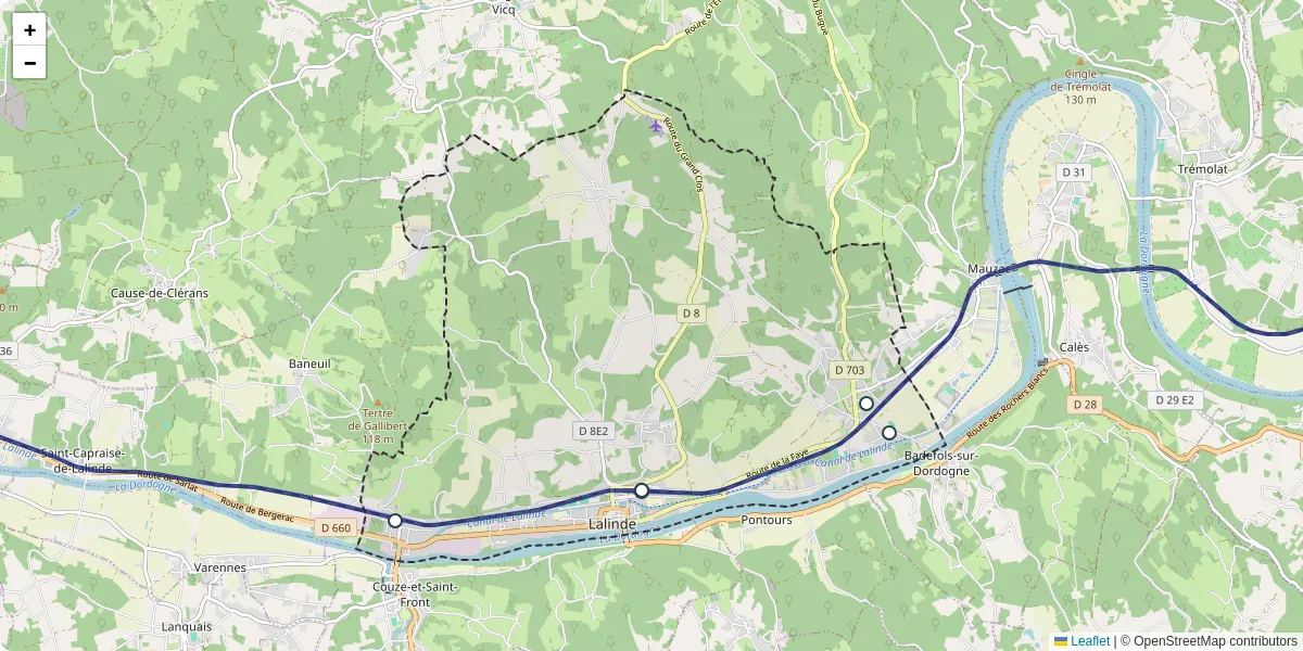 Carte du réseau de transport en commun à Lalinde - lignes de bus et arrêts