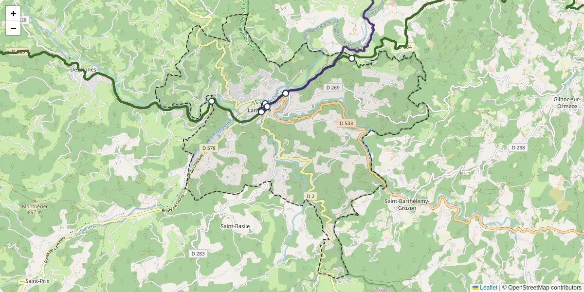 Carte du réseau de transport en commun à Lamastre - lignes de bus et arrêts
